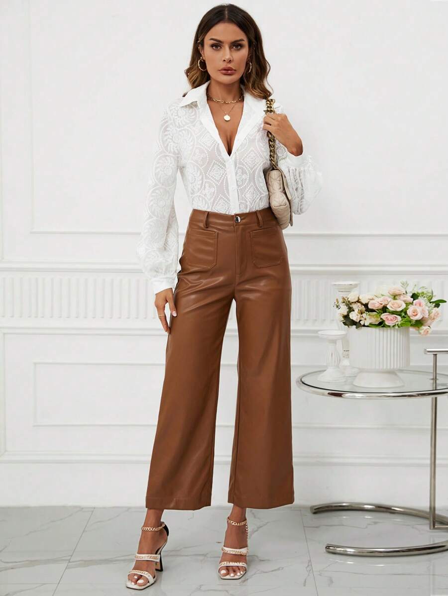 SHEIN Clasi High Waist PU Leather Wide Leg Pants - Brown - View 1