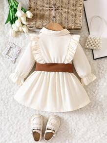 Baby Girl Ruffle Trim Flare Sleeve Belted Shirt Dress - Apricot - View 2
