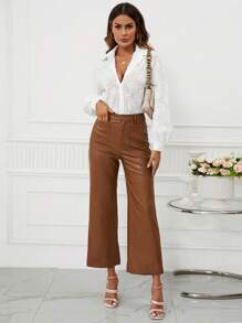 SHEIN Clasi High Waist PU Leather Wide Leg Pants - Brown - View 6