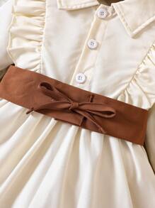 Baby Girl Ruffle Trim Flare Sleeve Belted Shirt Dress - Apricot - View 3