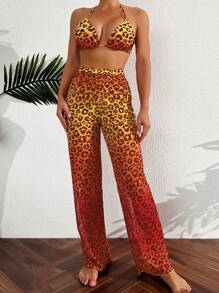 豹紋掛脖三角杯比基尼泳裝带罩衫裤 - 橘色 - 查看 1
