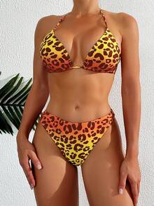 豹紋掛脖三角杯比基尼泳裝带罩衫裤 - 橘色 - 查看 3