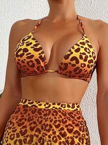 豹紋掛脖三角杯比基尼泳裝带罩衫裤 - 橘色 - 查看 5