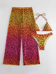 豹紋掛脖三角杯比基尼泳裝带罩衫裤 - 橘色 - 查看 7
