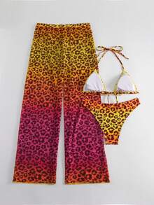 豹紋掛脖三角杯比基尼泳裝带罩衫裤 - 橘色 - 查看 8