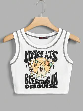 Atosha Cartoon & Slogan Graphic Top-stitching Tank Top