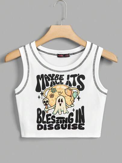 Atosha Cartoon & Slogan Graphic Top-stitching Tank Top