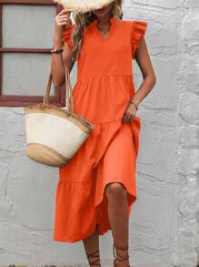 SHEIN VCAY 缺口領荷葉邊娃娃裙 - 亮橙色 - 查看 3