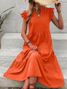 SHEIN VCAY 缺口領荷葉邊娃娃裙 - 亮橙色 - 查看 4