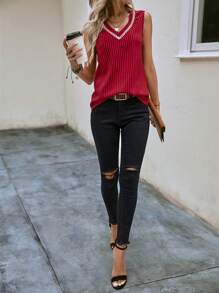 SHEIN Clasi Striped Print Guipure Lace Trim Sleeveless Blouse