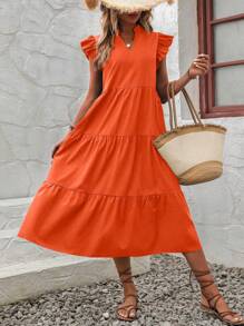 SHEIN VCAY 缺口領荷葉邊娃娃裙 - 亮橙色 - 查看 5