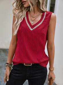 SHEIN Clasi Striped Print Guipure Lace Trim Sleeveless Blouse