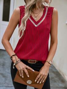 SHEIN Clasi Striped Print Guipure Lace Trim Sleeveless Blouse