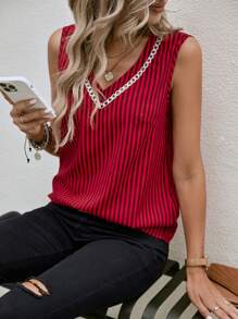 SHEIN Clasi Striped Print Guipure Lace Trim Sleeveless Blouse