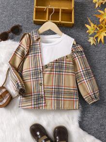 SHEIN Young Girl Plaid Print 2 In 1 Button Front Blouse - Multicolor - View 1