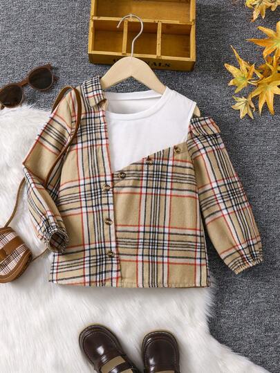 SHEIN Young Girl Plaid Print 2 In 1 Button Front Blouse