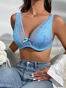 Contrast Lace Bow Front Underwire Bra, Lingerie - Blue - View 1