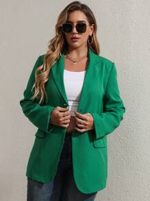 SHEIN Franclia 大碼西裝領翻蓋細節單排釦西裝外套 - 綠色 - 查看 4