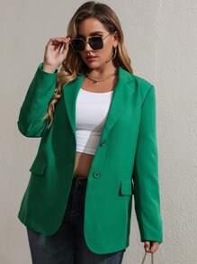 SHEIN Franclia 大碼西裝領翻蓋細節單排釦西裝外套 - 綠色 - 查看 6