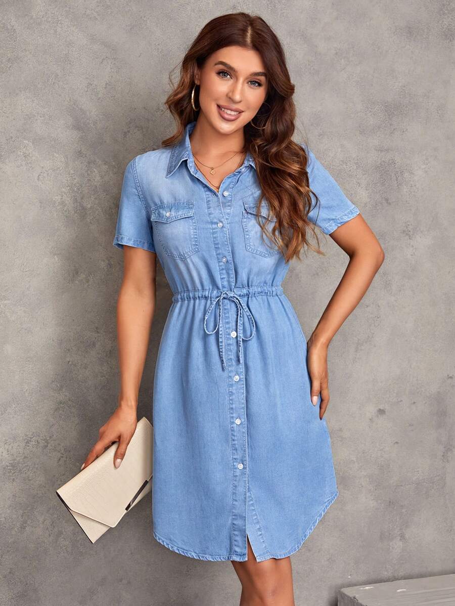 SHEIN LUNE Women Spring Summer Casual Drawstring Waist Button Front Short Sleeve Dress,Summer Dresses For Women,Pastel Dresses For Women,Business Casual Woman - Light Wash - View 1