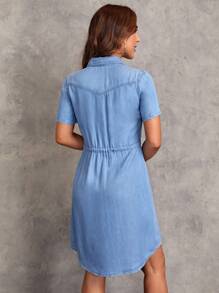 SHEIN LUNE Women Spring Summer Casual Drawstring Waist Button Front Short Sleeve Dress,Summer Dresses For Women,Pastel Dresses For Women,Business Casual Woman - Light Wash - View 2