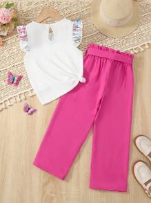 SHEIN Young Girl Floral Print Ruffle Trim Top & Paperbag Waist Belted Pants - Multicolor - View 2
