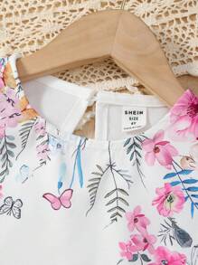 SHEIN Young Girl Floral Print Ruffle Trim Top & Paperbag Waist Belted Pants - Multicolor - View 4