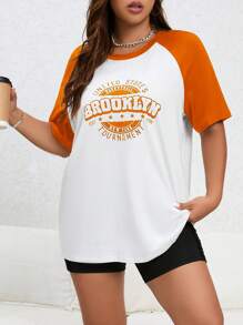 SHEIN EZwear 大碼字母圖案插肩袖T恤 - 彩色 - 查看 5