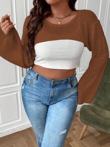 Calvaya 大碼超短版套頭毛衣不附吊帶上衣 - 棕色 - 查看 1