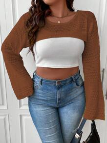 Calvaya 大碼超短版套頭毛衣不附吊帶上衣 - 棕色 - 查看 3