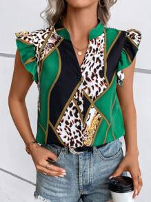 SHEIN LUNE 豹紋印花撞色荷葉邊四分之一無紐扣開襟襯衫 - 綠色 - 查看 3