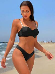 SHEIN 珍珠珠織細節有胸墊比基尼套裝 - 黑色 - 查看 3