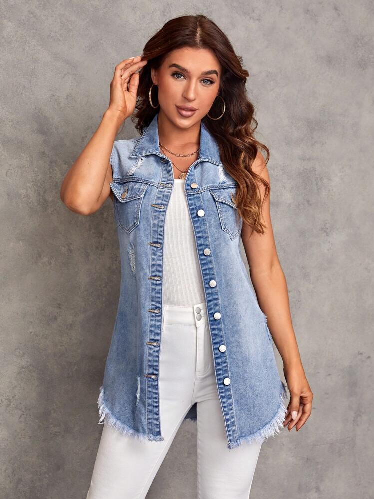 EMERY ROSE Mature Denim 1pc Flap Pocket Raw Cut Vest Denim Coat, Fall Women Clothes - Light Wash - View 1
