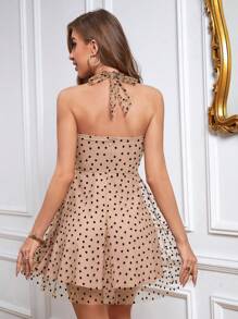 Firerie Heart Print Mesh Overlay Halter Neck Backless Dress,Polka Dot Dress