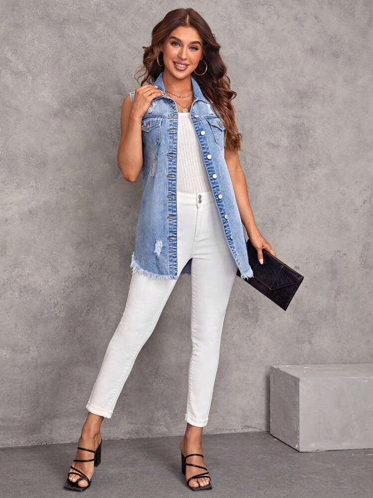 EMERY ROSE Mature Denim 1pc Flap Pocket Raw Cut Vest Denim Coat, Fall Women Clothes - Light Wash - View 4