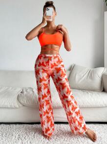 素色比基尼泳裝帶蝴蝶圖案罩衫長褲 - 橘色 - 查看 1