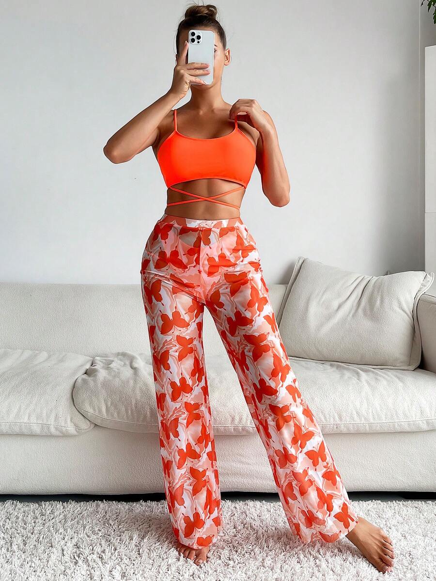 素色比基尼泳裝帶蝴蝶圖案罩衫長褲 - 橘色 - 查看 1