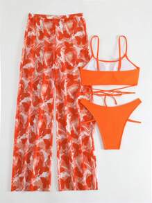 素色比基尼泳裝帶蝴蝶圖案罩衫長褲 - 橘色 - 查看 4