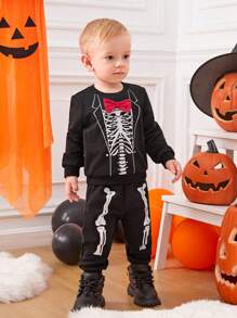 SHEIN 男婴万圣节骷髅印花运动衫和运动裤，适合万圣节派对 - 黑色 - 查看 1