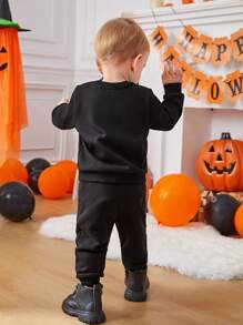 SHEIN 男婴万圣节骷髅印花运动衫和运动裤，适合万圣节派对 - 黑色 - 查看 2