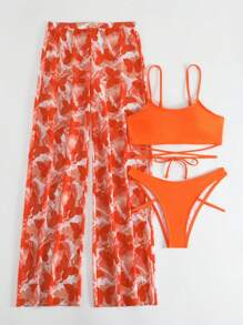 素色比基尼泳裝帶蝴蝶圖案罩衫長褲 - 橘色 - 查看 7