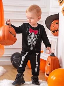 SHEIN 男婴万圣节骷髅印花运动衫和运动裤，适合万圣节派对 - 黑色 - 查看 9