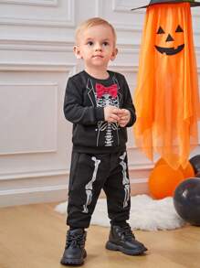 SHEIN 男婴万圣节骷髅印花运动衫和运动裤，适合万圣节派对 - 黑色 - 查看 6