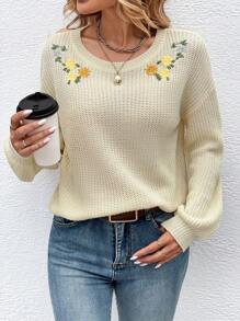 SHEIN LUNE Floral Embroidery Drop Shoulder Sweater - Apricot - View 1