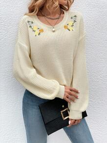 SHEIN LUNE Floral Embroidery Drop Shoulder Sweater - Apricot - View 4