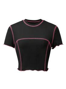 SHEIN Unity 頂針木耳邊短款T恤 - 黑色 - 查看 1