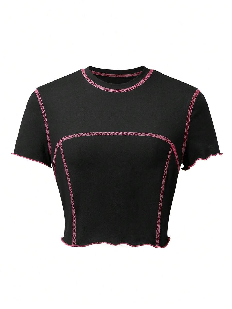 SHEIN Unity 頂針木耳邊短款T恤 - 黑色 - 查看 1