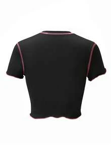 SHEIN Unity 頂針木耳邊短款T恤 - 黑色 - 查看 2