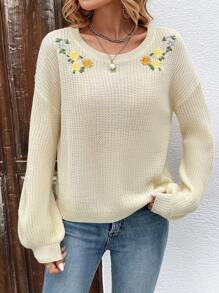 SHEIN LUNE Floral Embroidery Drop Shoulder Sweater - Apricot - View 5