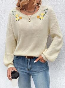 SHEIN LUNE Floral Embroidery Drop Shoulder Sweater - Apricot - View 6